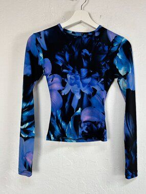 With Harper Lu Womens Blue Black Floral Mesh Long Sleeve Top XS Crew Neck Casual